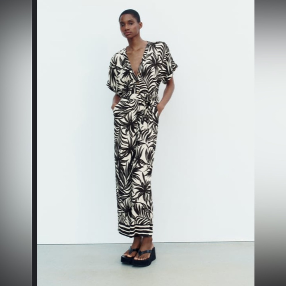 Zara Black and White Tropical Print Jumpsuit